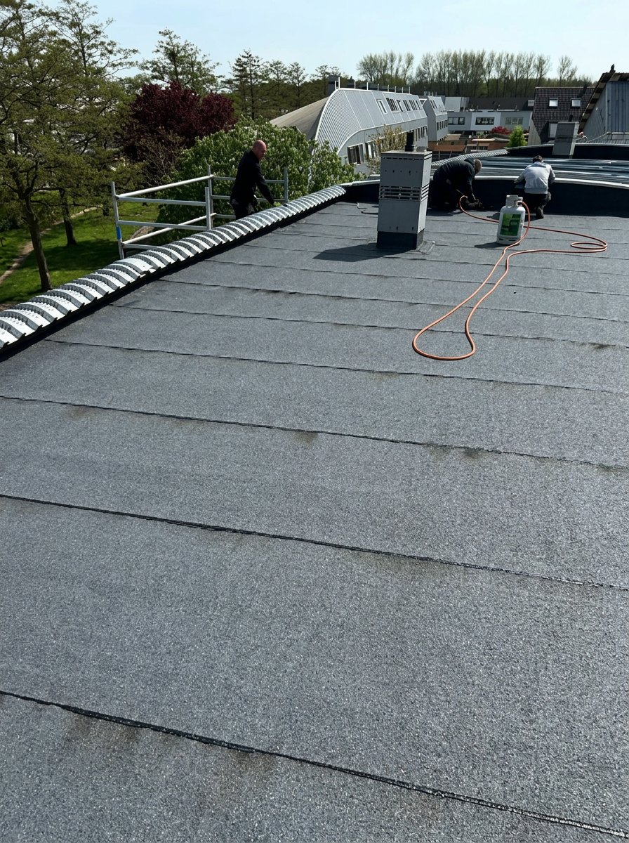 Groot plat dak volledig voorzien van nieuwe dakbedekking
