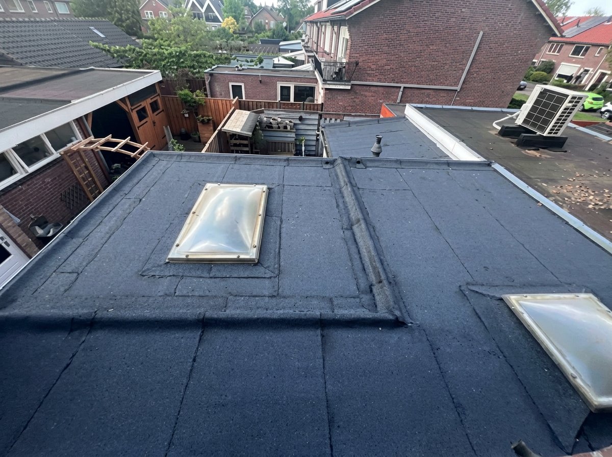 Plat dak met twee lichtkoepels, nieuw bitumen aangebracht